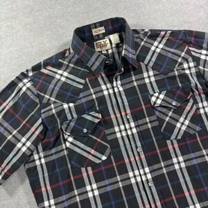 Ely Cattleman Mens Large Tall Black Plaid Short Sleeve Western Pearl Snap Shirt
